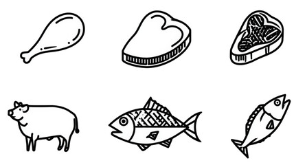 Fototapeta premium Set of hand drawn meat and fish doodle icons.