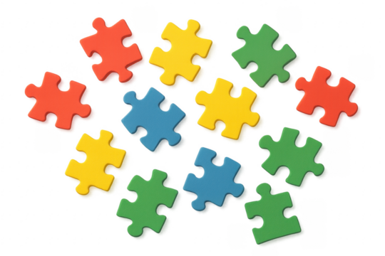 Colorful puzzle pieces scattering on transparent background