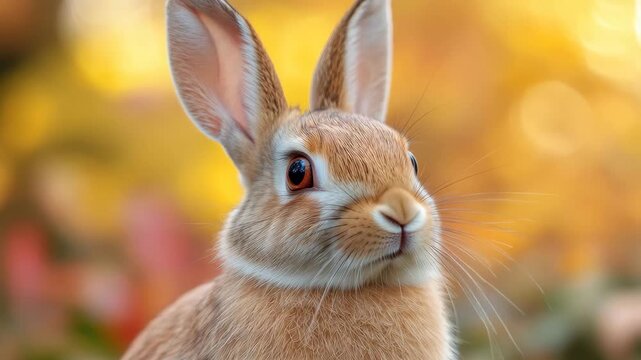 Close up of a cute bunny face against blurry autumn background in natural light