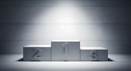 A spotlight shines on an empty winners podium with numbers 1, 2, and 3