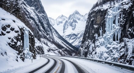 Breathtaking winter wonderland drive through snowy mountains with glistening icicles and a winding road beckoning adventure for travel enthusiasts