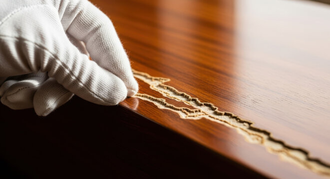 Gloved hand inspecting termite damage on polished wood with small cracks in the texture. Examination uncovers elegant details in wood finish and hidden effects of termites on luxury surfaces.