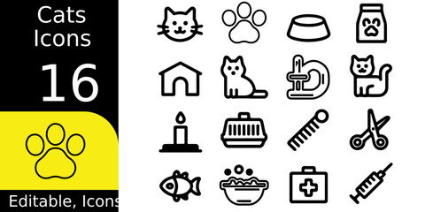 Collection of sixteen cat themed icons and symbols