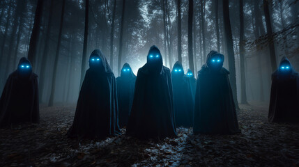 Spooky hooded figures glowing eyes fog and eerie atmosphere in dark forest. Mysterious Halloween horror background mystical night scene.