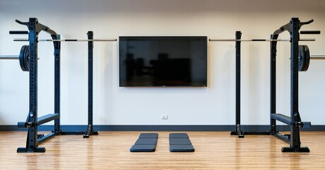 Large frameless television off mounted near squat racks in modern training hall