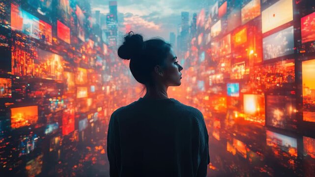 Woman observes multitude of screens displaying cityscapes at night