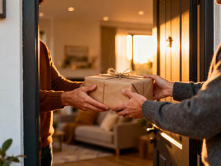 Hands exchanging a wrapped gift at the front door