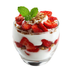 Delicious strawberry parfait with yogurt granola and mint ontransparent background