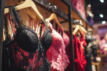 A dark, out-of-focus image of a lingerie store. A counter with lace lingerie hanging on it.