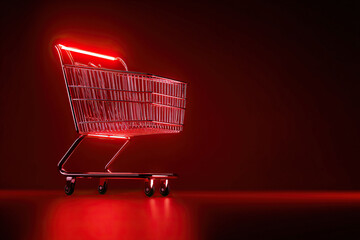 A metal shopping cart glows neon against a red background. The cart is empty. Shopping concept.