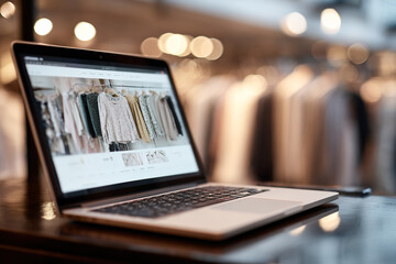 An open laptop with a clothing store website sits on a counter in a boutique. Shopping concept. Clothing boutique website.