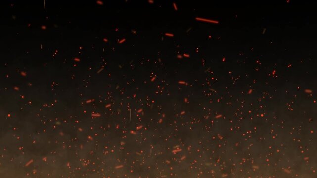 Fire dust particles. Abstract moving banner with sparks flying around or ember from burning fire. Design with alpha channel for overlay effect. Realistic graphic animated footage