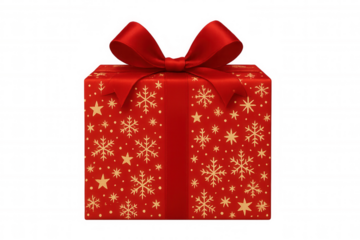 Red gift box with golden snowflake and star pattern wrapping paper, tied with a red satin ribbon and bow, ready for holidays