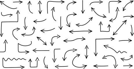 Collection of hand drawn black arrows pointing in different directions on a white background design element