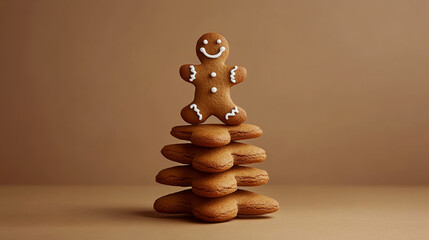 Gingerbread man with icing decorations sits on top of a stack of cookies. Concept of holiday and dessert. For food and holiday-themed promotions.