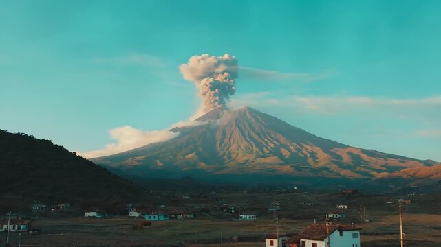 Erupting volcano spewing ash and smoke, showcasing natural disaster impact on landscape