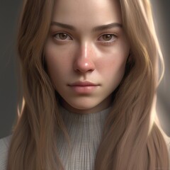 Naklejka premium A highly detailed, hyper-realistic close-up portrait of an AI-generated human face. This digital artwork features lifelike skin textures, expressive eyes, and natural lighting.