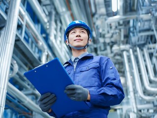 工場内で点検表を持ち設備を確認する笑顔の日本人技術者の男性