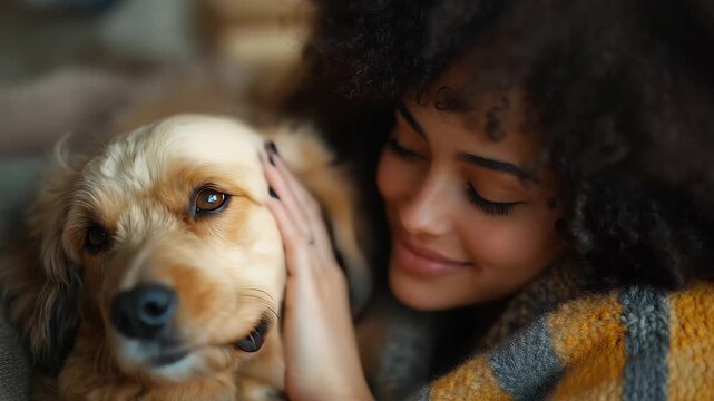 Smiling young woman with curly hair snuggling her fluffy golden dog indoors in the soft light of daytime