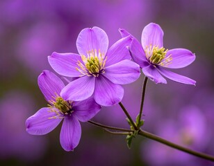 Close-up of three vibrant purple clematis flowers, delicate petals, soft focus background