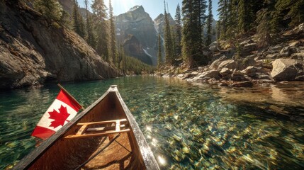 Scenic canoe trip through clear waters in the Canadian wilderness surrounded by mountains and trees