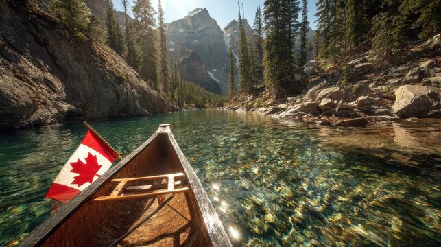 Scenic canoe trip through clear waters in the Canadian wilderness surrounded by mountains and trees - Powered by Adobe