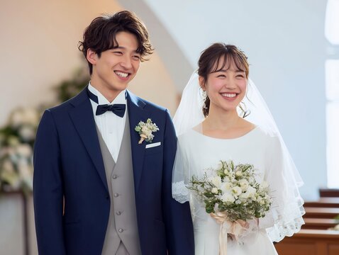 チャペルで笑顔を見せる新郎新婦の幸せな結婚式を祝うウェディングポートレート - Powered by Adobe