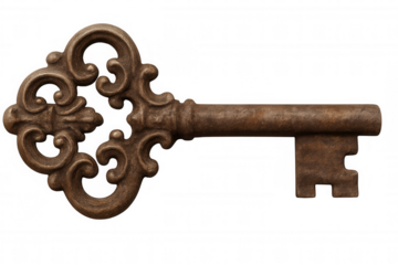 Ornate antique skeleton key, a vintage rusty metal object representing secrets, access, and security, on transparent background