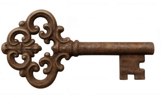 Ornate antique skeleton key, a vintage rusty metal object representing secrets, access, and security, on transparent background - Powered by Adobe