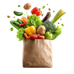 Fresh vegetables and fruits bursting out of a paper grocery bag
