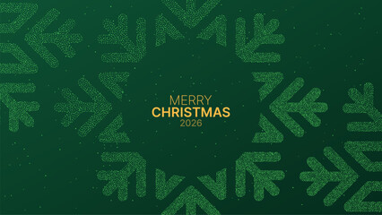 Green Christmas greeting card with Merry Christmas 2026 text. Festive dotted snowflake pattern for holiday banner or winter season celebration.