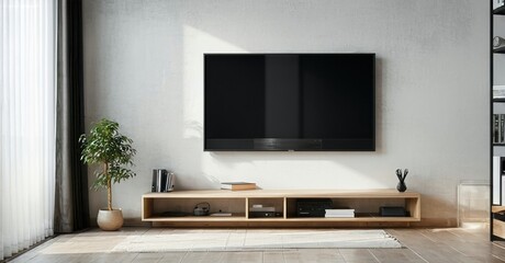 Minimalist black panel television off mounted on study room wall with daylight
