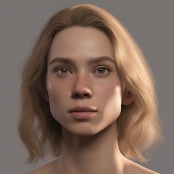 A highly detailed, hyper-realistic close-up portrait of an AI-generated human face. This digital artwork features lifelike skin textures, expressive eyes, and natural lighting.