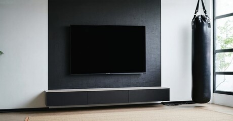 Minimalist black panel tv off mounted near punching bag corner
