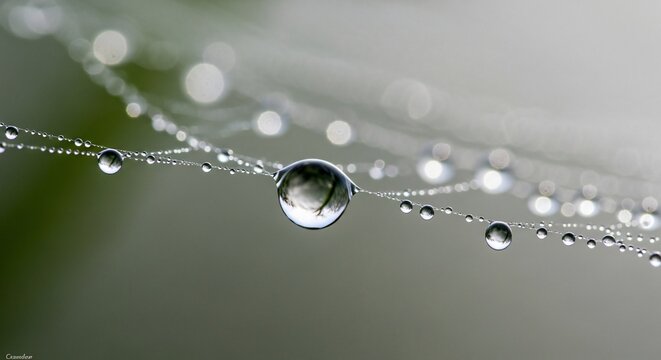 Delicate Dewdrops: A close-up view captures the intricate beauty of morning dew clinging to a spider web, with droplets of water shining, evoking a sense of fragility and the wonders of nature. - Powered by Adobe