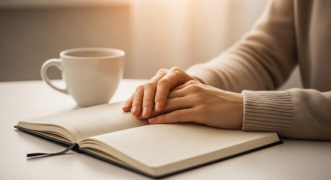 Serene Reflection: Hands gently rest on an open journal next to a warm cup of coffee, creating a scene of peaceful introspection, capturing a moment of quiet contemplation and inspiration. - Powered by Adobe