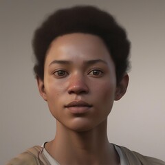 A highly detailed, hyper-realistic close-up portrait of an AI-generated human face. This digital artwork features lifelike skin textures, expressive eyes, and natural lighting.