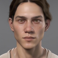 A highly detailed, hyper-realistic close-up portrait of an AI-generated human face. This digital artwork features lifelike skin textures, expressive eyes, and natural lighting.