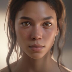 A highly detailed, hyper-realistic close-up portrait of an AI-generated human face. This digital artwork features lifelike skin textures, expressive eyes, and natural lighting.