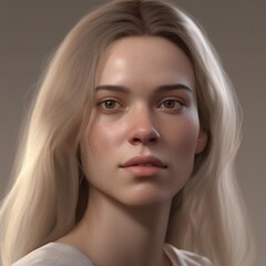 A highly detailed, hyper-realistic close-up portrait of an AI-generated human face. This digital artwork features lifelike skin textures, expressive eyes, and natural lighting.