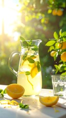 Refreshing lemonade in a glass pitcher, bathed in sunlight, amongst lemon trees