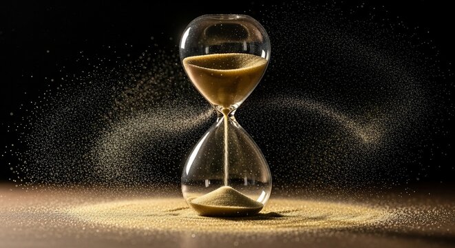Time's Passage: An hourglass symbolizes the relentless march of time, grains of sand cascading gently to mark the moments as they slip away, evoking themes of urgency and preciousness.