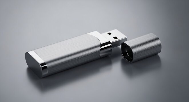 Data Storage Device: A sleek and modern USB flash drive sits on a neutral surface, showcasing its design and functionality, perfect for illustrating digital data transfer and storage concepts.
