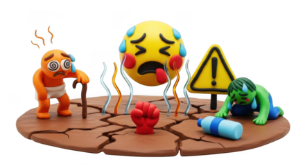 Claymation scene depicts environmental disaster with sad emoji and warning sign