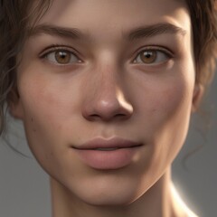 A highly detailed, hyper-realistic close-up portrait of an AI-generated human face. This digital artwork features lifelike skin textures, expressive eyes, and natural lighting.