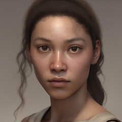A highly detailed, hyper-realistic close-up portrait of an AI-generated human face. This digital artwork features lifelike skin textures, expressive eyes, and natural lighting.
