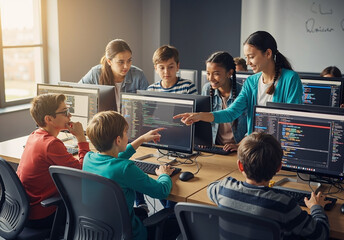 young teacher guiding children in coding class with computers in bright classroom