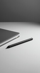 Digital workspace essentials: A sleek, modern laptop rests beside a pen stylus on a bright, minimalist desk. The scene is bathed in soft, natural light, creating a sense of calm and focus.