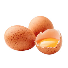 Three brown eggs one cracked open showing yolk ontransparent background