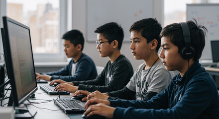 young asian boys learning computer programming in a classroom with focused expressions